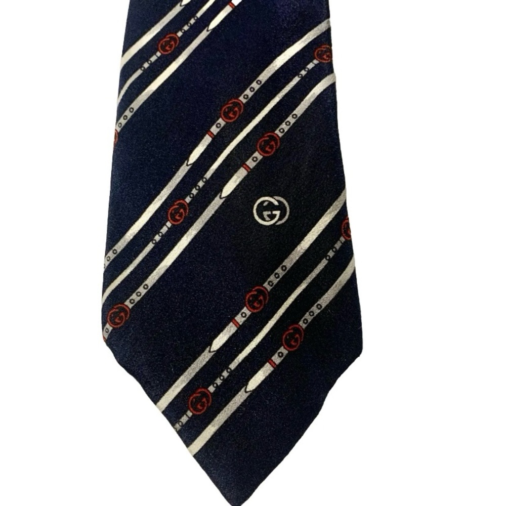 GUCCI Vintage Tie Navy Blue Striped 100% Silk Italy Belt Buckle Authentic Rare